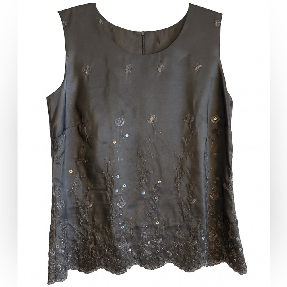 Liz Claiborne Gray Floral Embroidered Scallop Hem Tank Top size 6